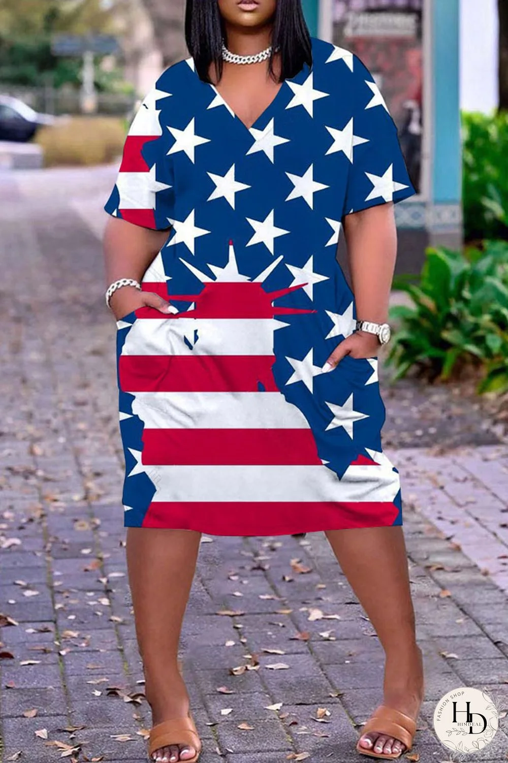 White Blue Red Casual Print Patchwork V Neck Dresses