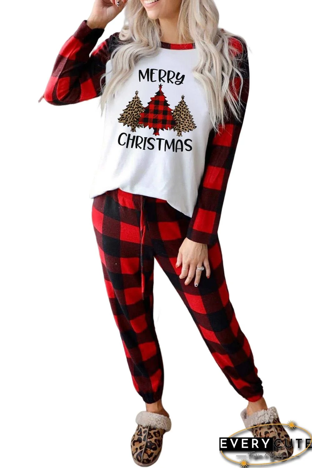 Red MERRY CHRISTMAS Trees Plaid Print Two Piece Lounge Set