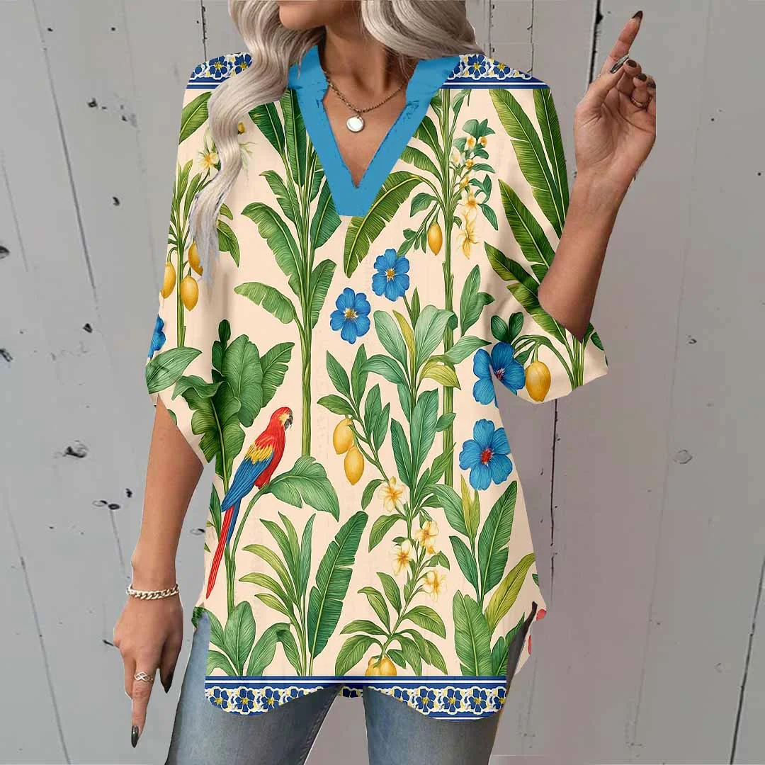Women Tropical, Green DZGA0087 3/4 Sleeve V-neck Printed Graphic Button Tops