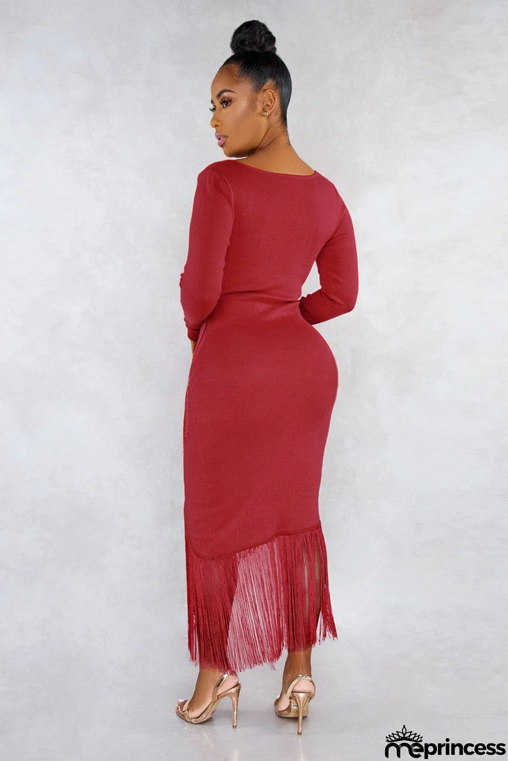 Glove Sleeves Fringed High-low Midi Dress