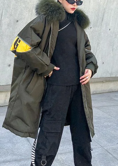 New army green overcoat plus size snow jackets hooded faux fur collar winter outwear