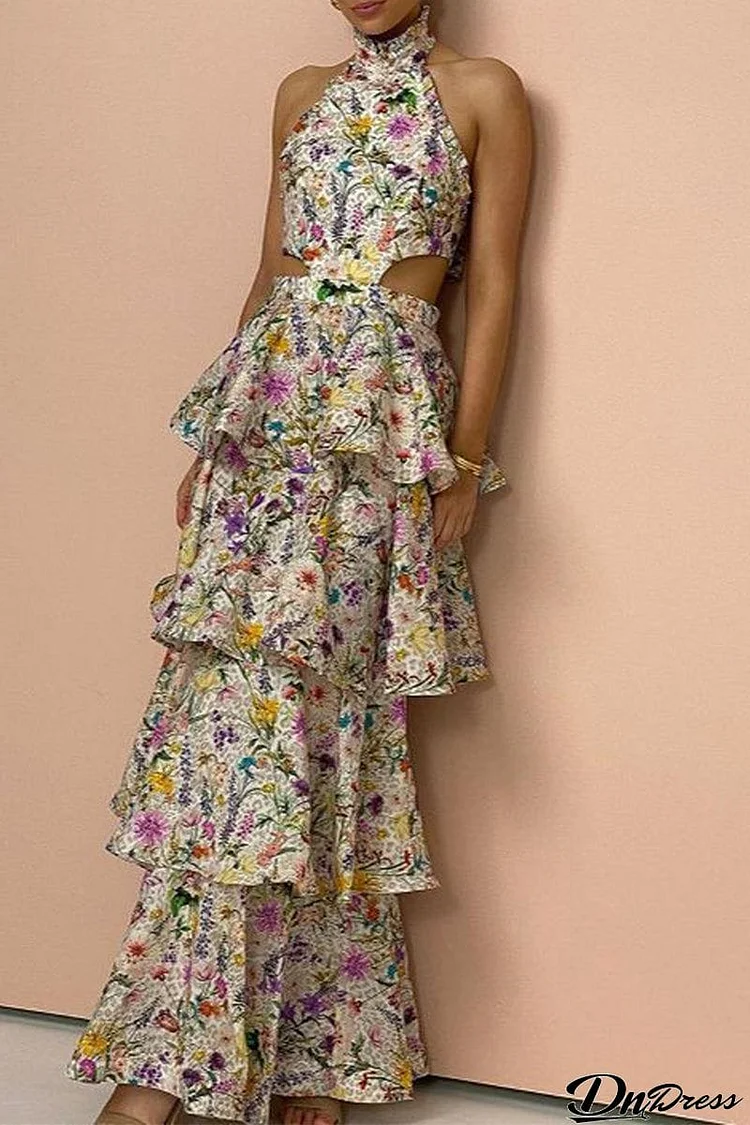 Elegant Floral Backless With Bow Halter Cake Skirt Dresses