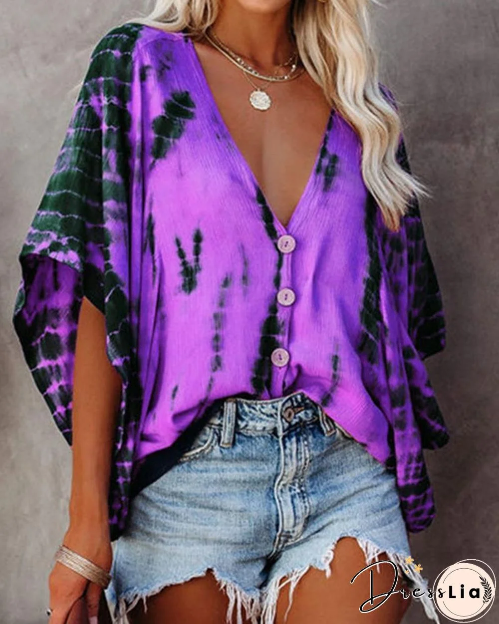 Bat Sleeve Tie-dye Print Blouse P10154