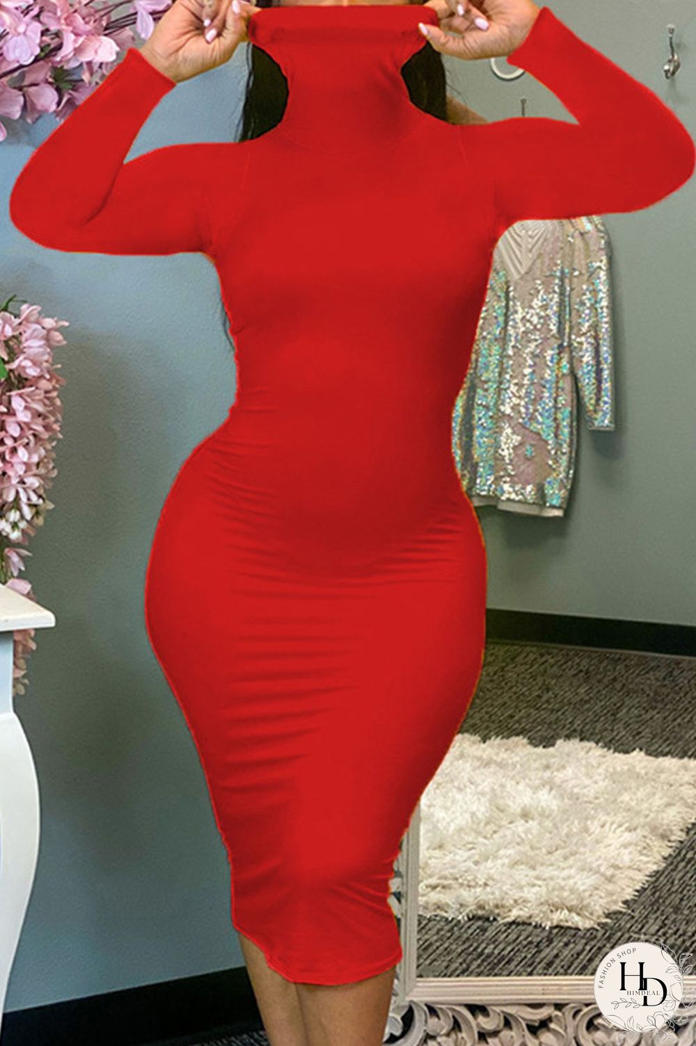 Red Sexy Solid Patchwork O Neck Pencil Skirt Dresses