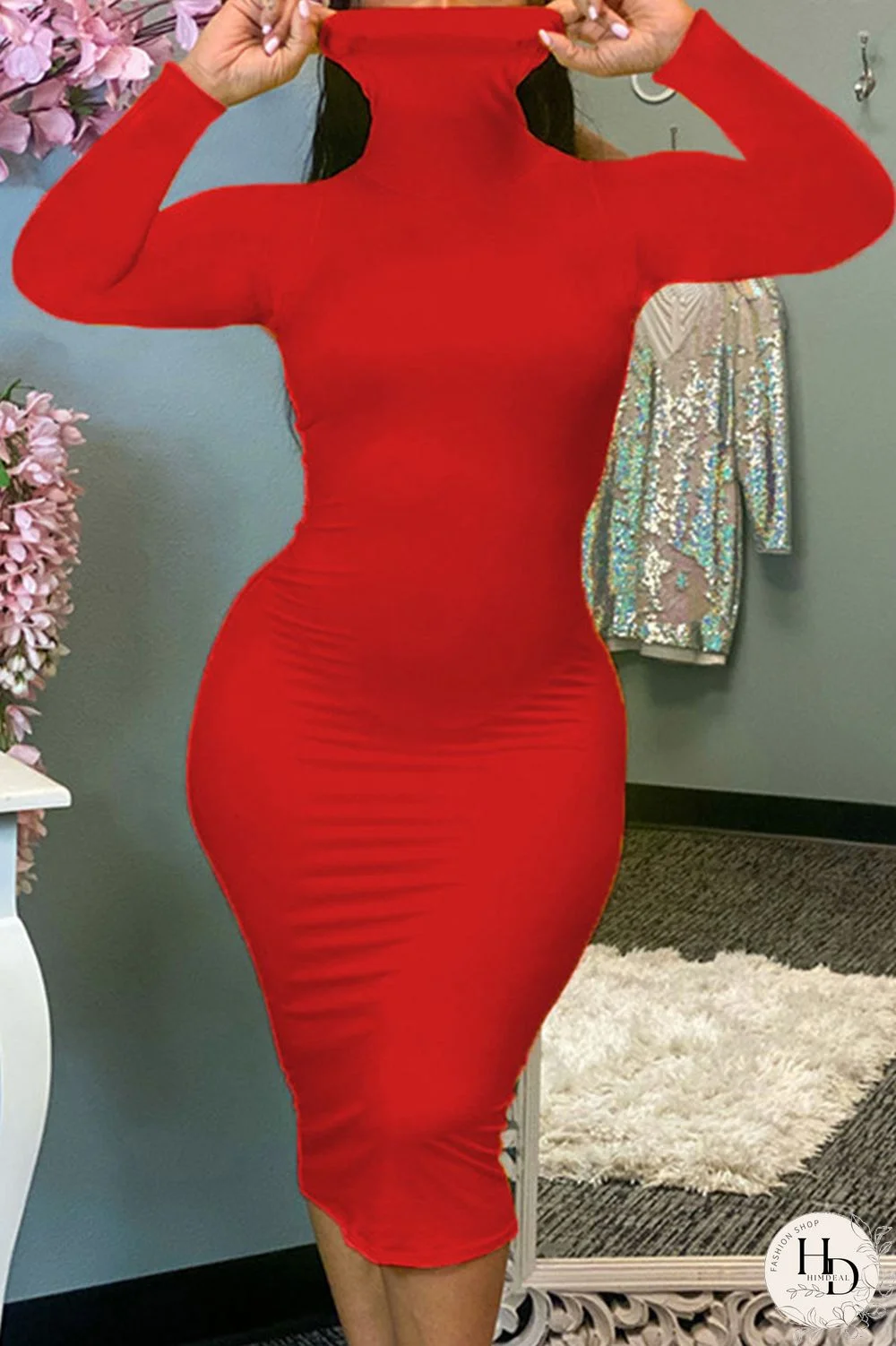 Red Sexy Solid Patchwork O Neck Pencil Skirt Dresses