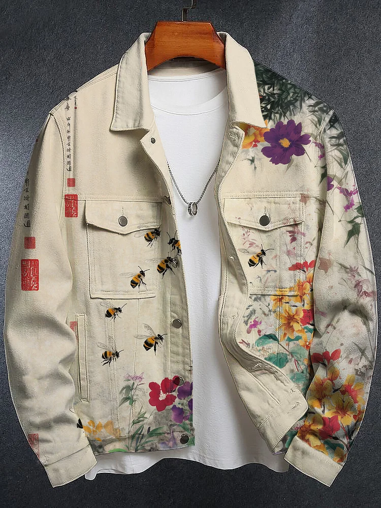 Men's Bees In A Colorful Garden Chinese Ink Painting Print Denim-Like Long Sleeve Shirt