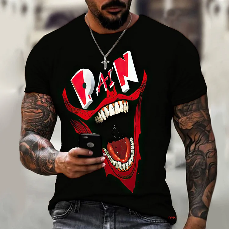 Evil Mouth Grin Print Casual Loose Men's Black T-Shirts at Hiphopee