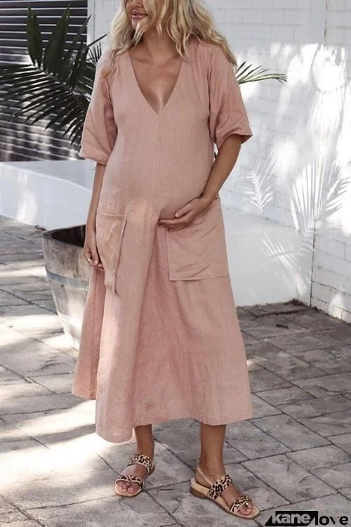 Solid V Neck Pockets Linen Maxi Dress
