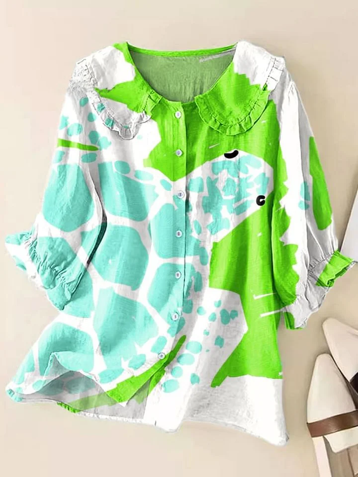 Women Vintage Abstract Turtle Art Print Peter Pan Collar Half Sleeve Blouses