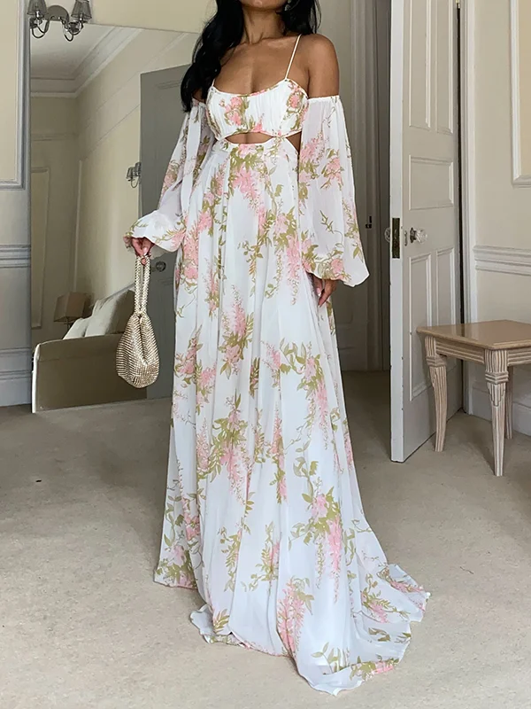 Floral Printed Hollow Long Sleeves Cold Shoulder Maxi Dresses