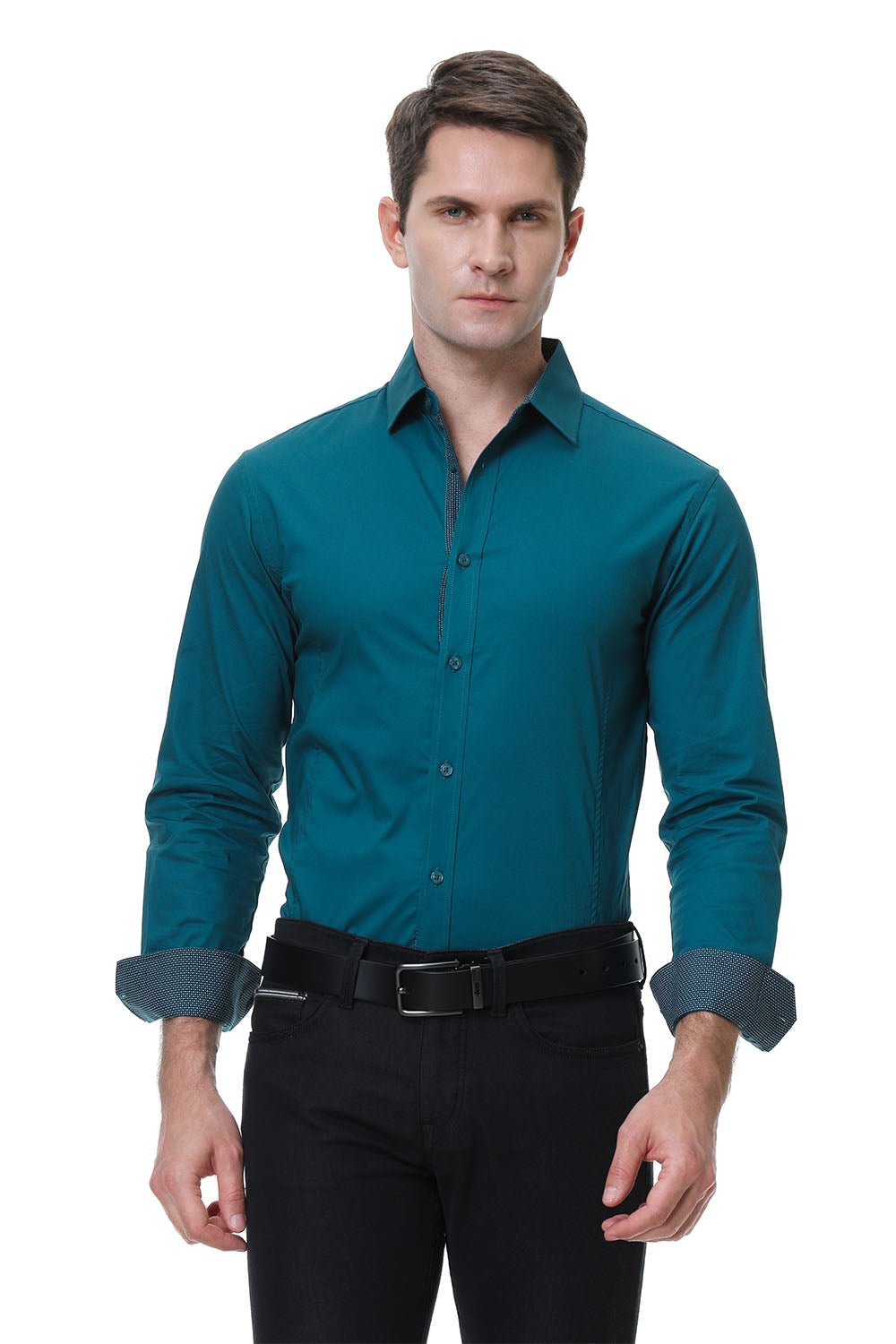Men's Casual Long Cotton Stretch Shirt Teal Alex Vando Fashion