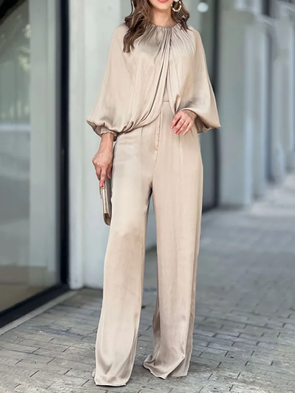 Plain Long Sleeves Loose Round-Neck Jumpsuits