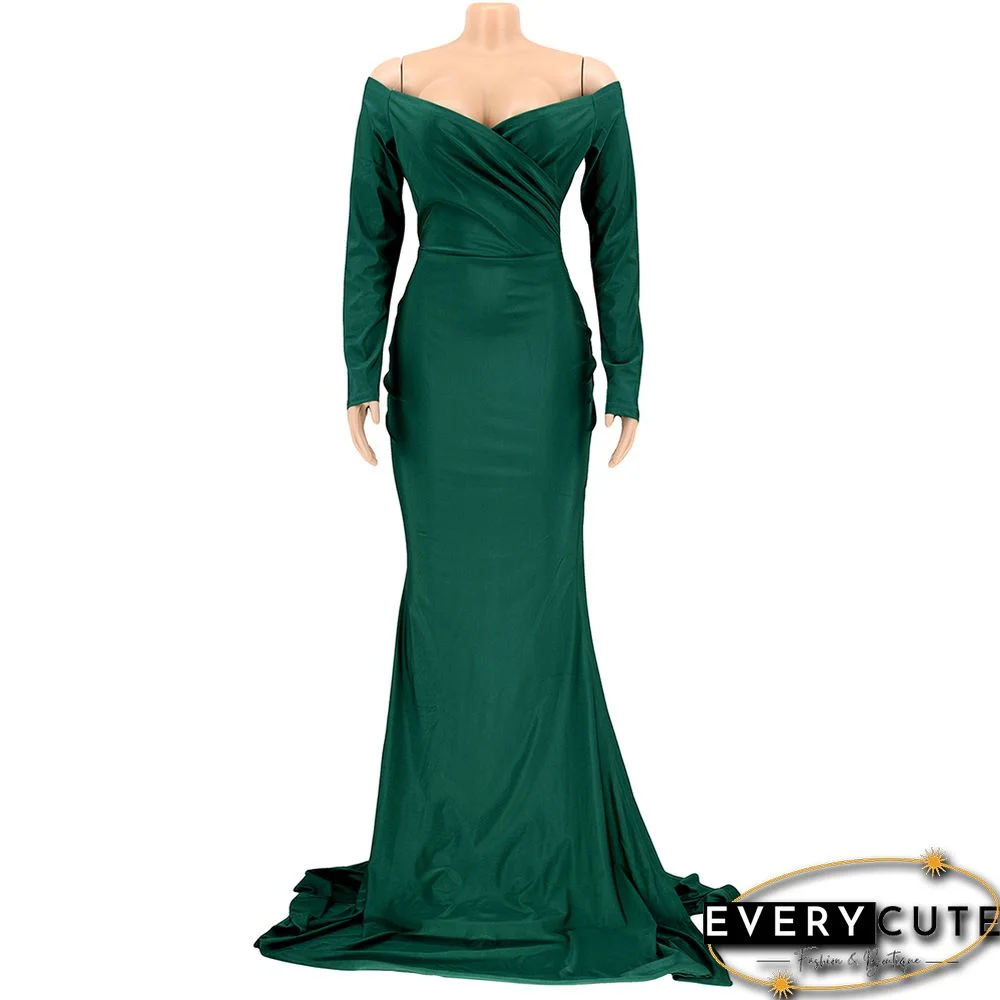 Green V Neck High Split Long Sleeve Party Dress