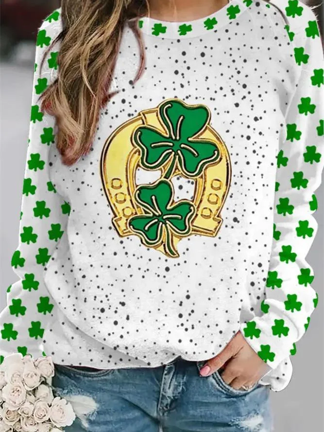 Women's Long Sleeve Scoop Neck Four Leaf Clover Printed Graphic Tops