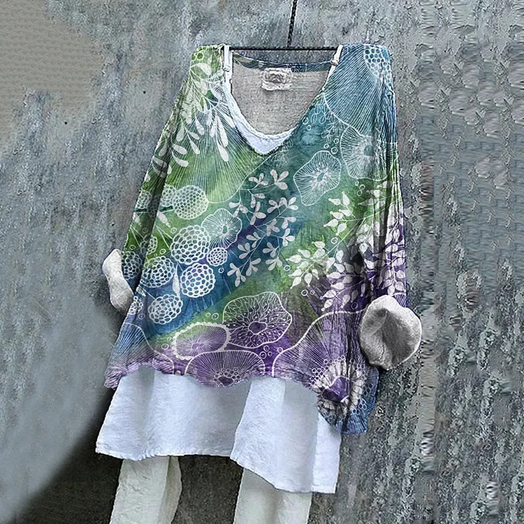 Vintage Fantasy Floral Art Pattern Linen Blend Tunic
