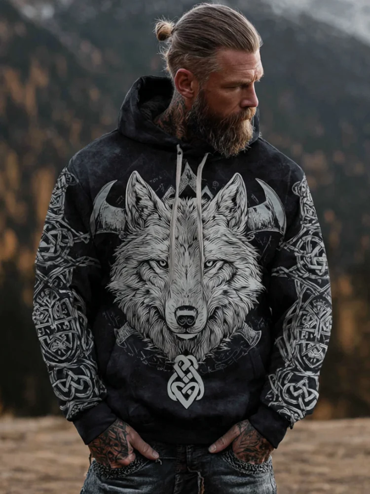 Viking Retro Wolf Head Cross Axe Celtic Knot Print Hoodie
