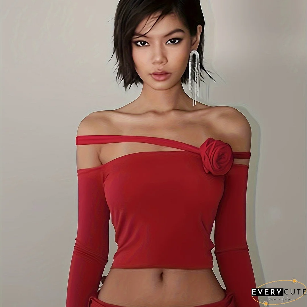 Solid Off Shoulder Stereo Flower T-shirt, Y2K Long Sleeve Asymmetric Sexy Top, Women's Clothing