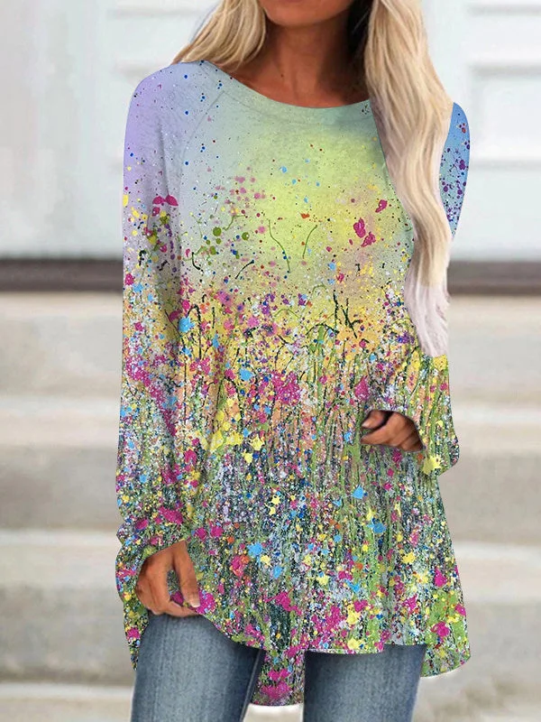 Women's Floral Gradient Printed Scoop Neck Long Sleeve Top