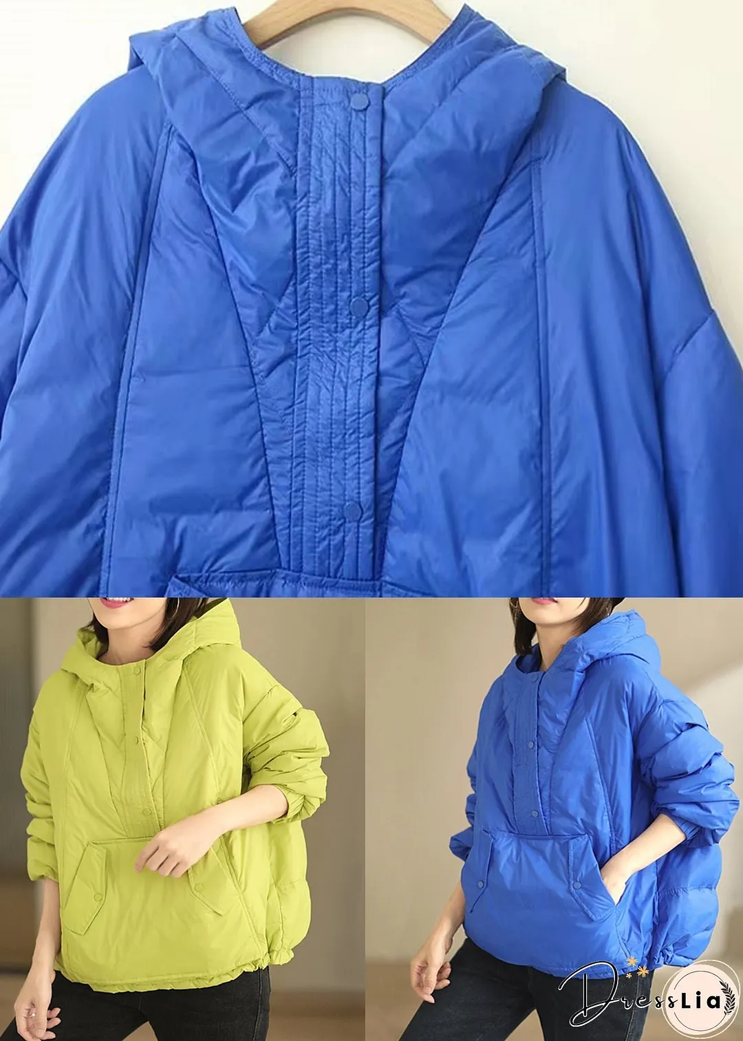 Women Green Hooded Button Patchwork Duck Down Coat Winter