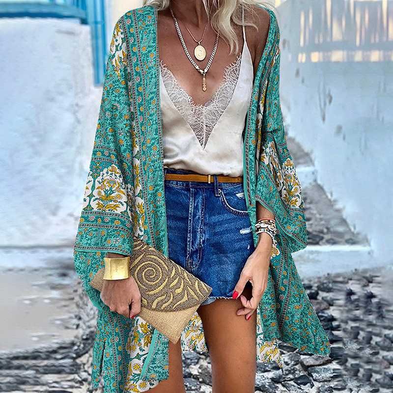 Summer Cardigan Women Bohemian Floral Printed Open Front Long Sleeve Blouse Kimono ZANZEA Casual Loose Beach Tops Vintage Blusas