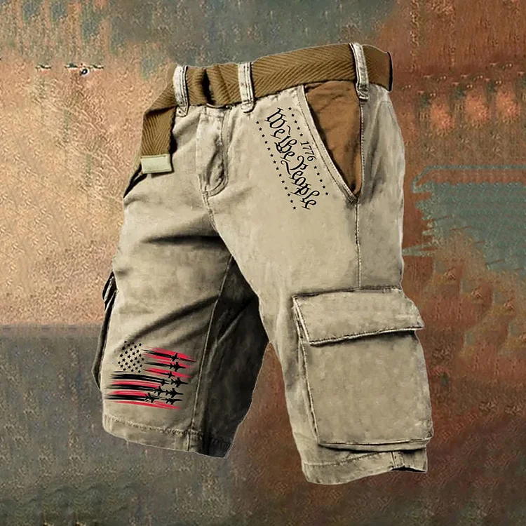 Men's Vintage Flag Independence Day Multi-pocket Print Cargo Shorts