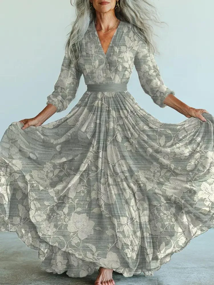 Retro Floral Art Printed Vintage V-Neck Long Sleeves Midi Dress