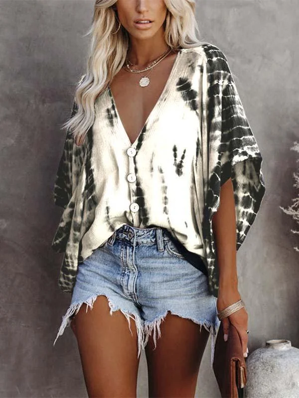Women's Short Sleeve V-neck Printed Tops Blouse