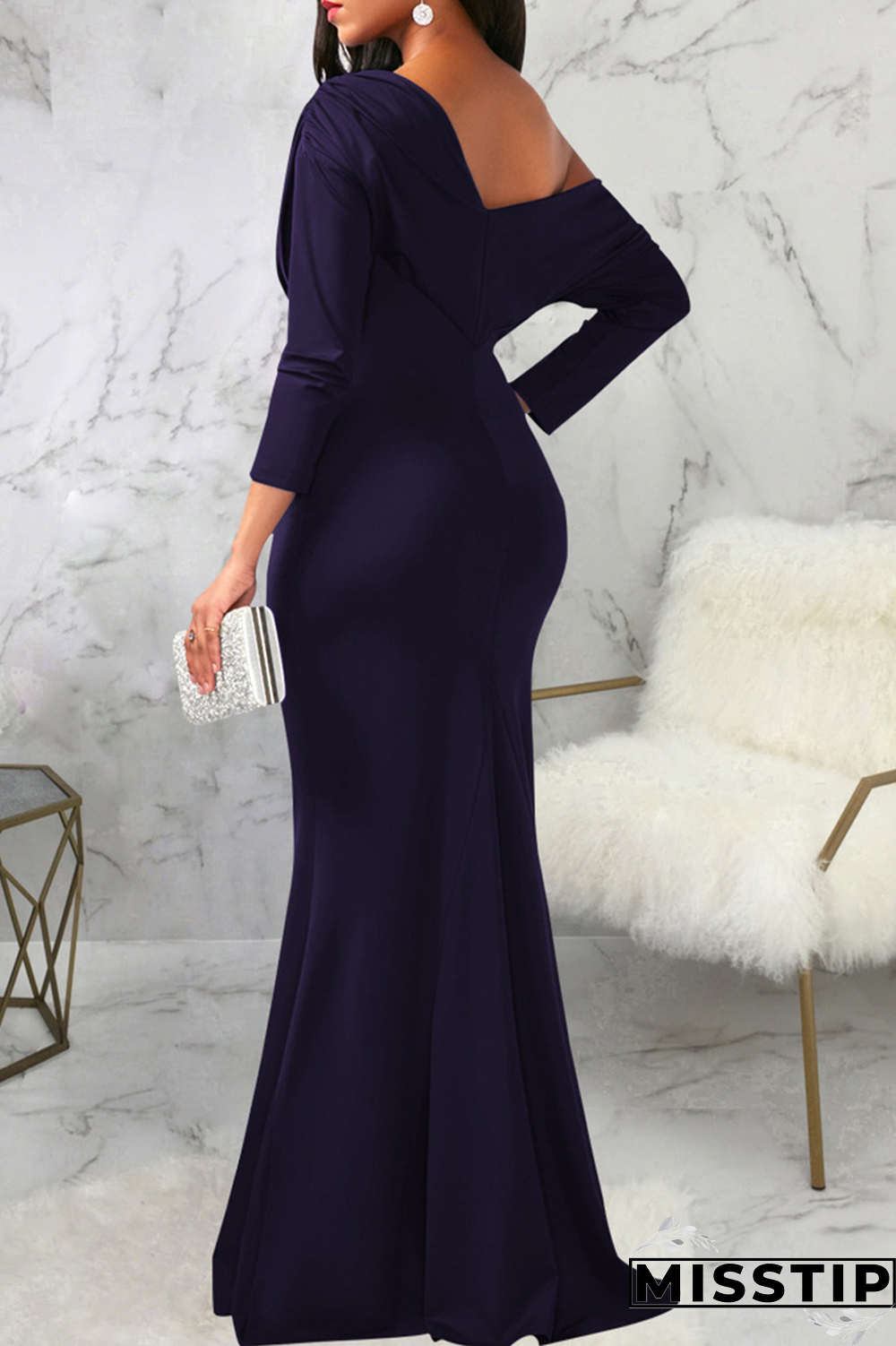 White Street Solid Patchwork One Shoulder Trumpet Mermaid Dresses