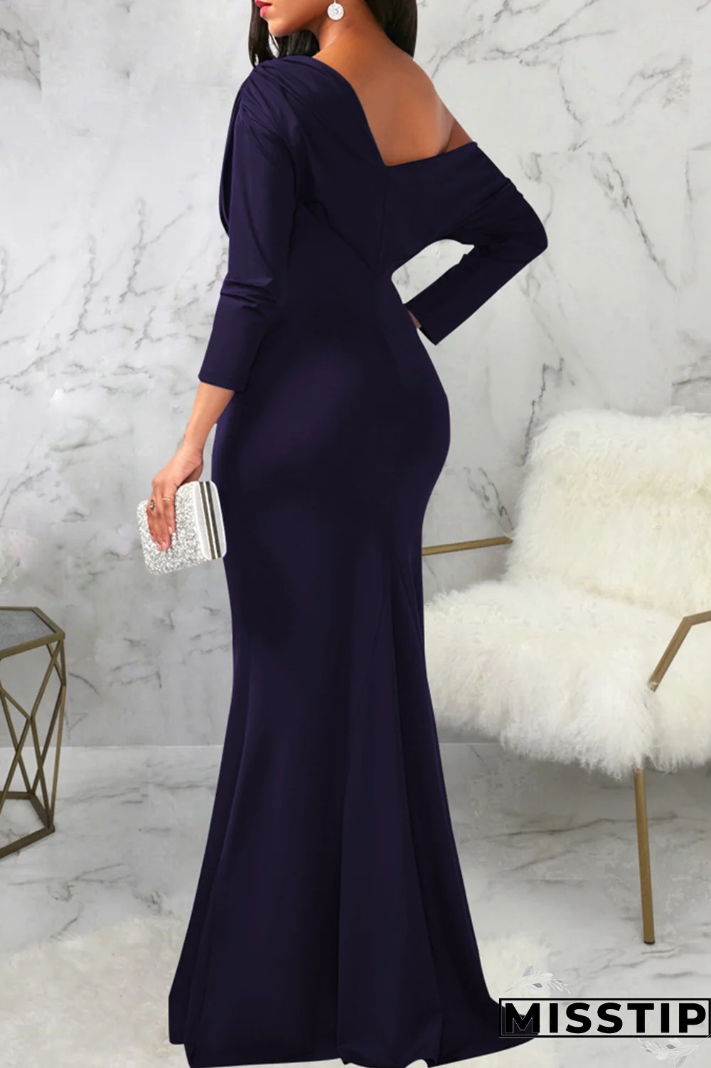 White Street Solid Patchwork One Shoulder Trumpet Mermaid Dresses