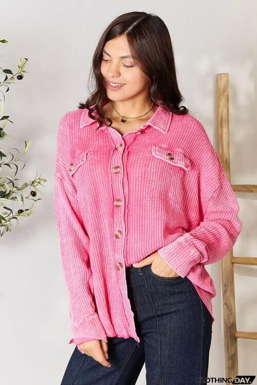 Zenana Waffle-Knit Button Up Collared Neck Shirt