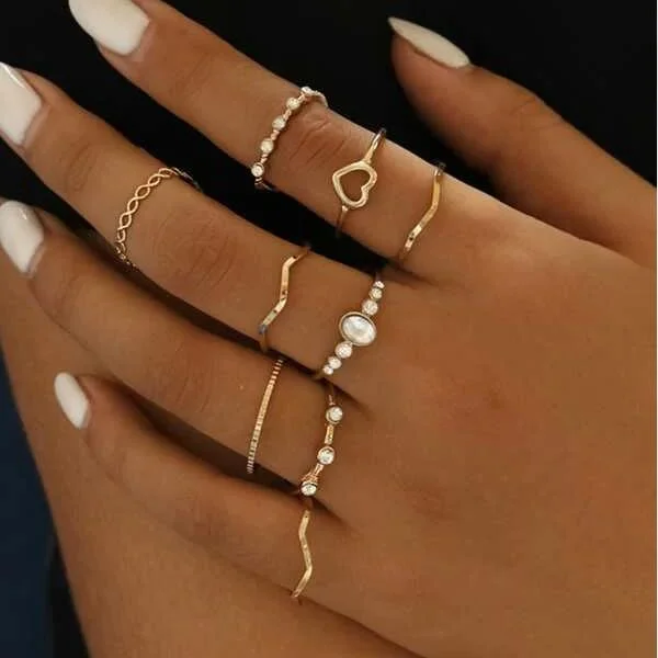 Heart & Rhinestone Engraved Ring 9pcs