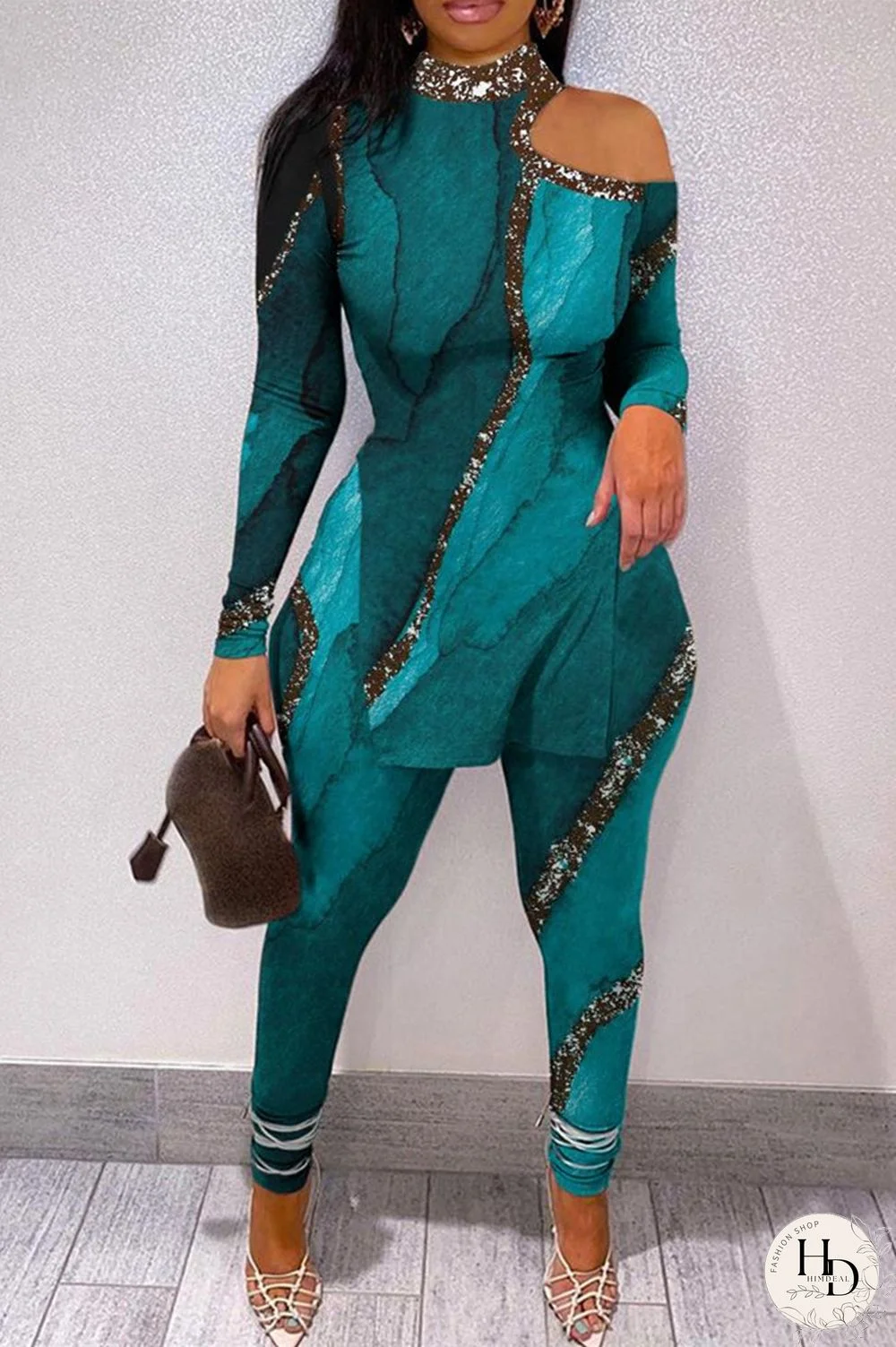 Peacock Blue Sexy Casual Print Hollowed Out Slit Printing Half A Turtleneck Long Sleeve Two Pieces