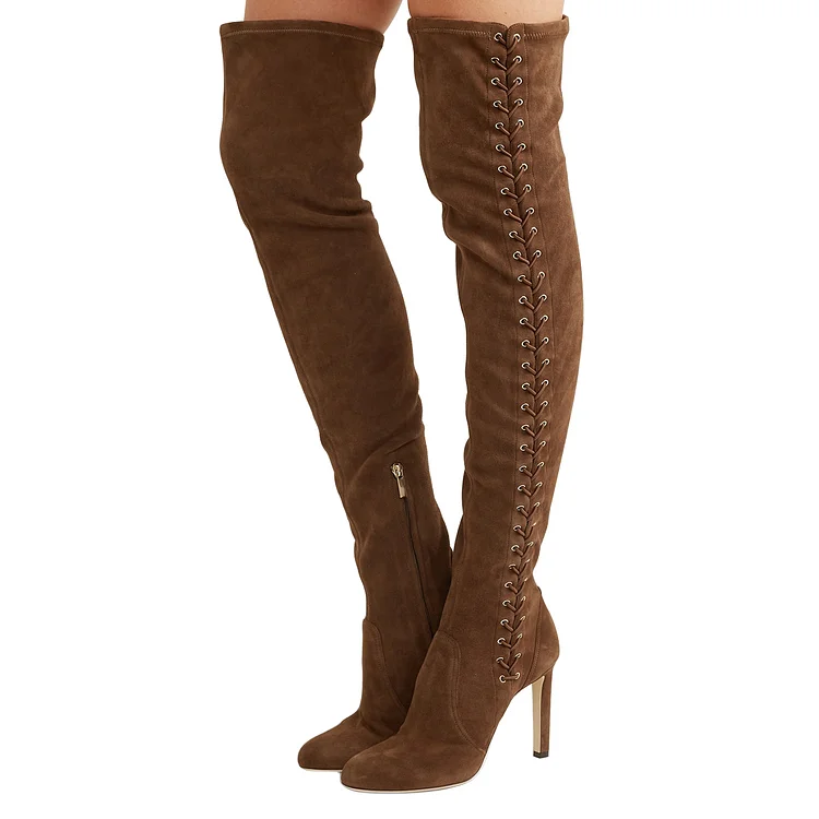 Brown Lace Up Thigh High Long Boots |FSJ Shoes
