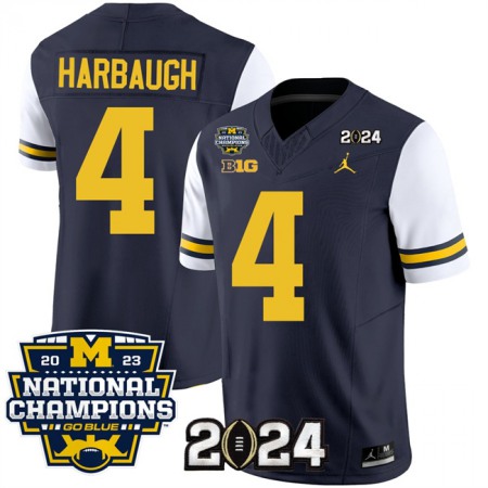 Men's Michigan Wolverines #4 Jim Harbaugh Navy/White 2024 F.U.S.E. With 2023 National Champions Patch Stitched Jersey LI8I
