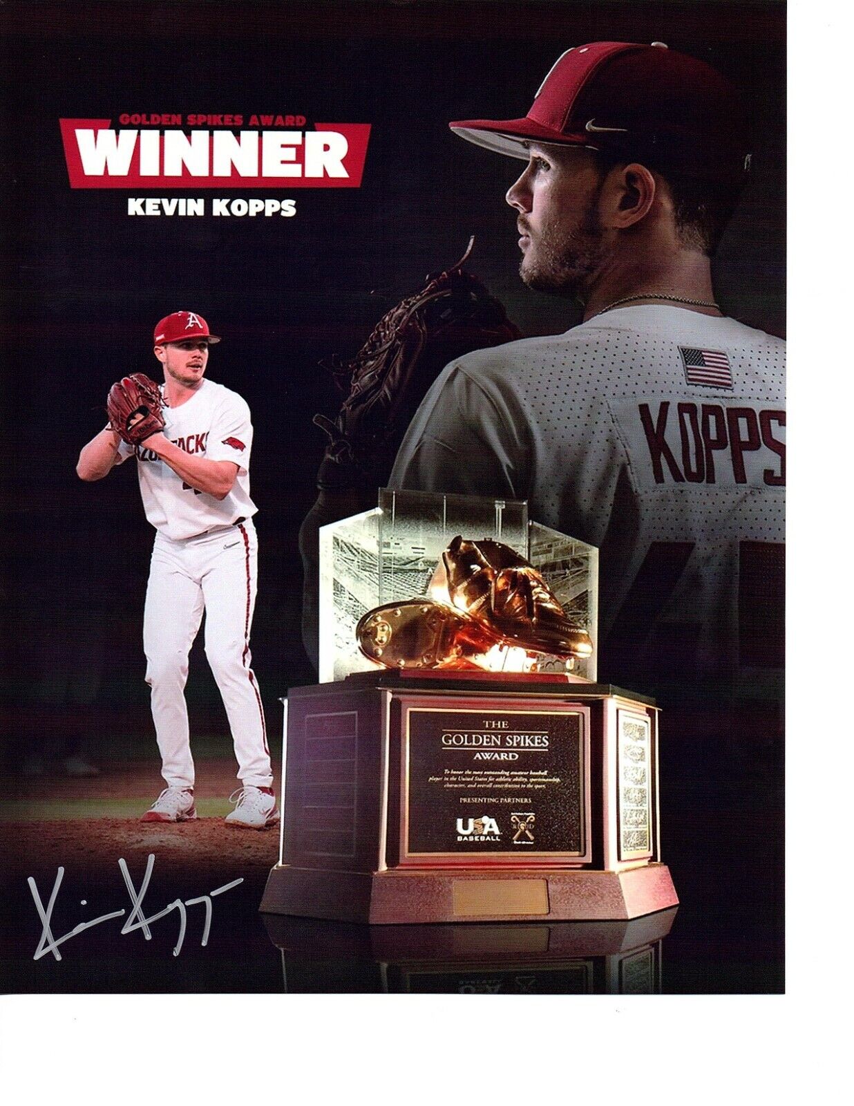 Kevin Kopps Arkansas Razorbacks baseball autograph signed 8x10 Photo Poster painting '21 Spikes