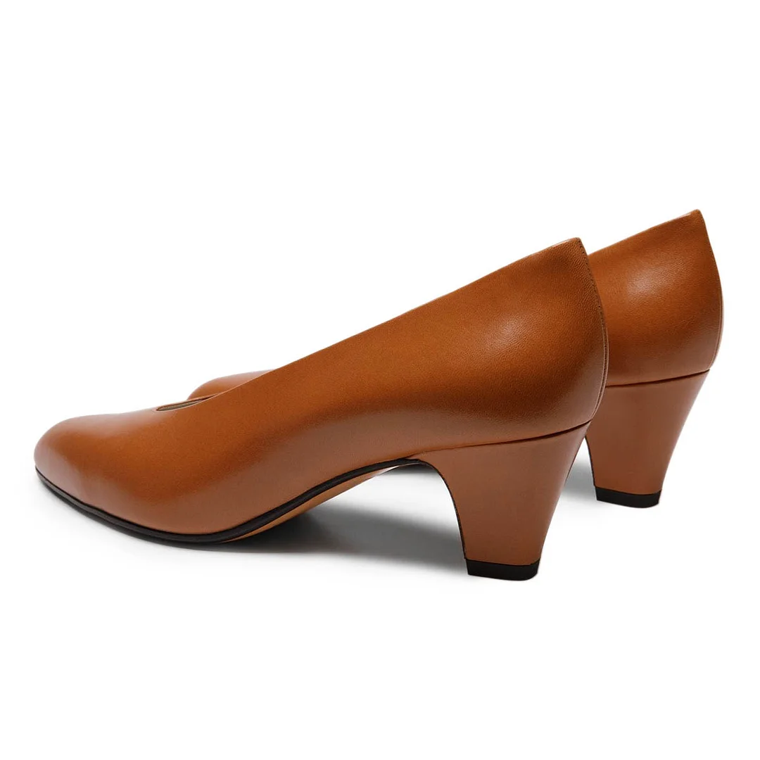 Women's Tan Slip-On Chunky Heel Pointed Toe Classic Pumps Shoes
