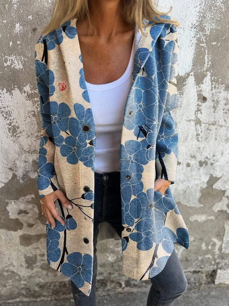 Elegant Plum Blossom Japanese Art Long Sleeve Hooded Jacket