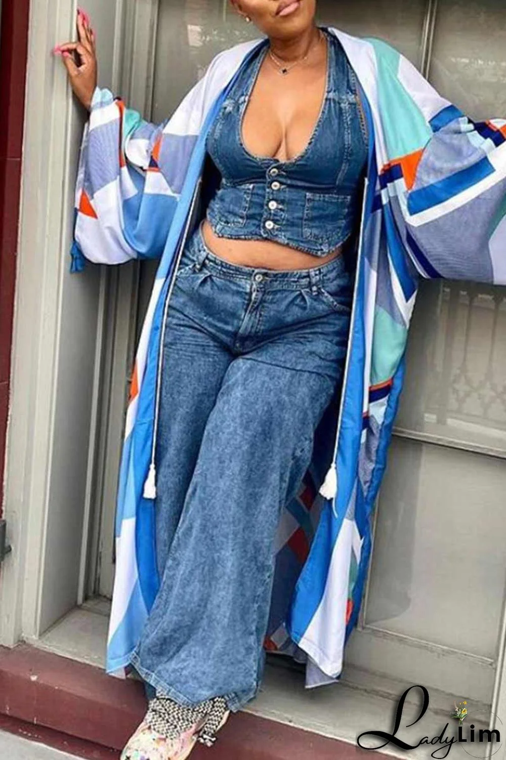 Yellow Fashion Casual Print Patchwork Outerwear(Without Belt)