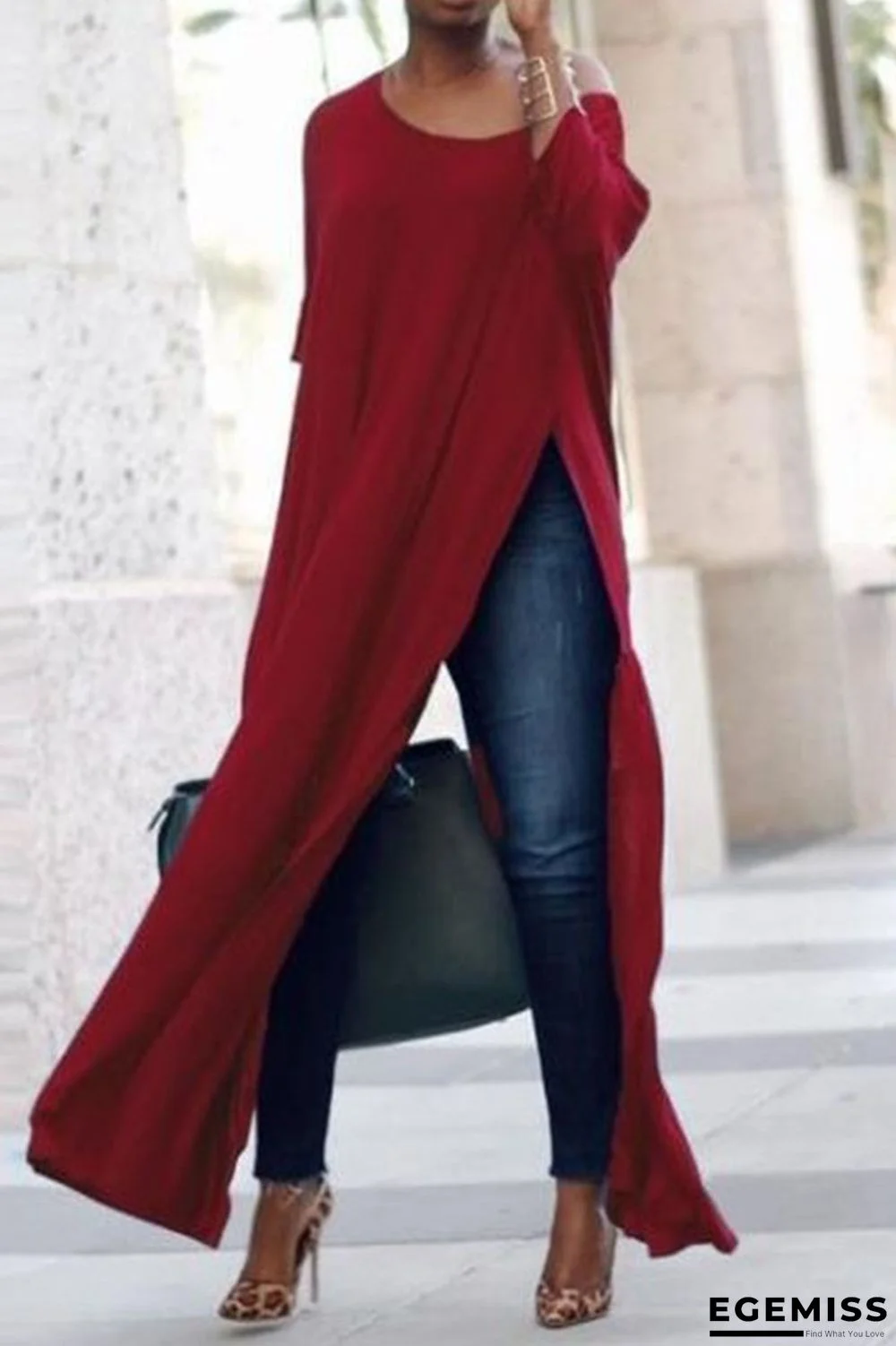 Red Casual Solid Patchwork Slit O Neck Straight Dresses | EGEMISS