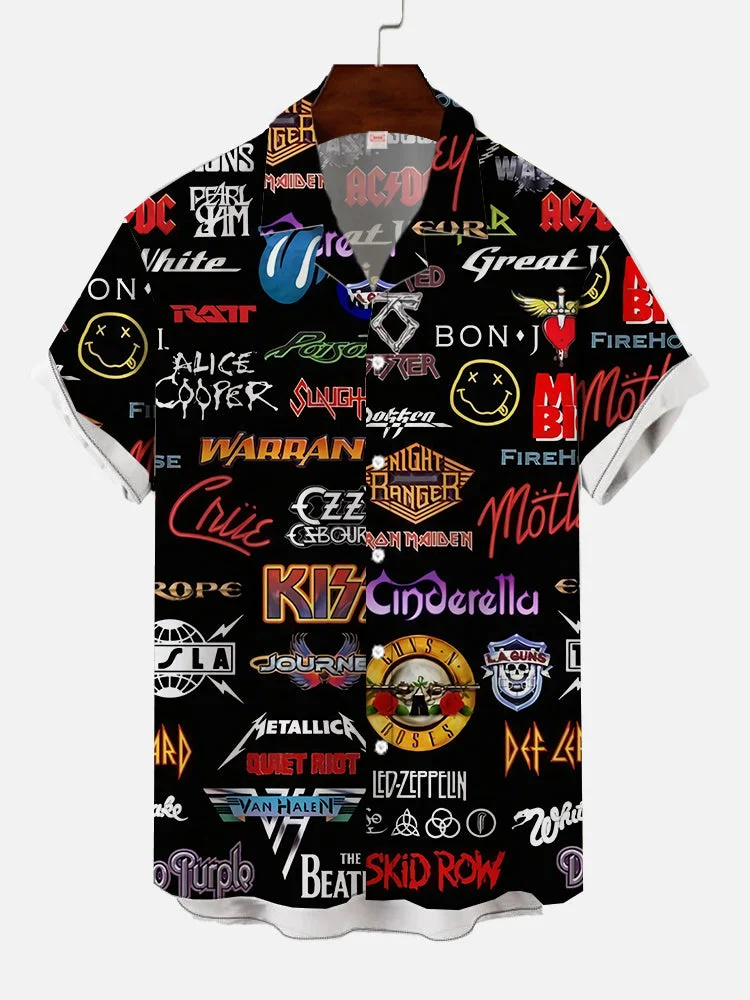 Full-Print Hawaiian Hard Rock Printing Cuban Collar Men's Short Sleeve Shirt