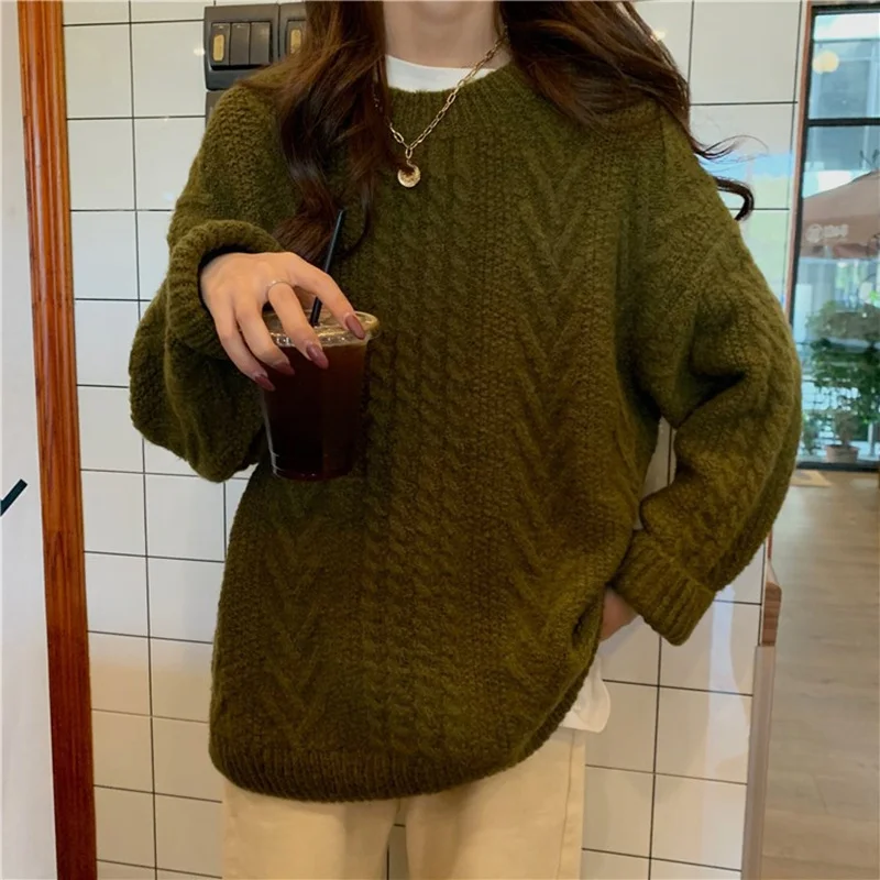 Ueong Ueong Thick Twist Pure Color Loose Sweater Female Autumn Dong New Round Collar Lazy Wind Sweater Jacket