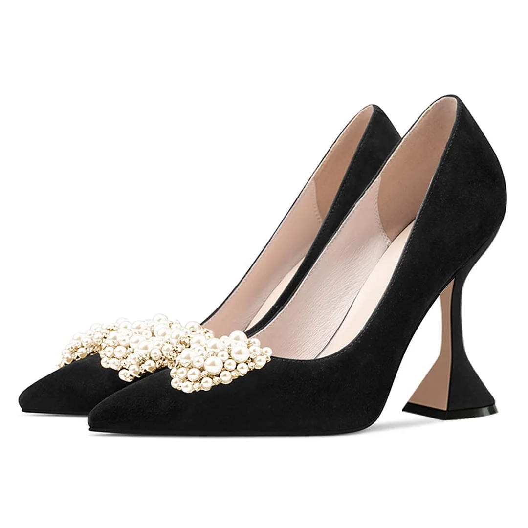 Black Delicate Pearl and Rhinestone Bow Pointed Toe High Heel Shoes