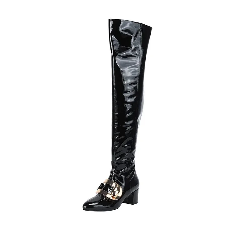 Black Patent Leather Buckle Chunky Heel Boots Over the Knee Boots |FSJ Shoes
