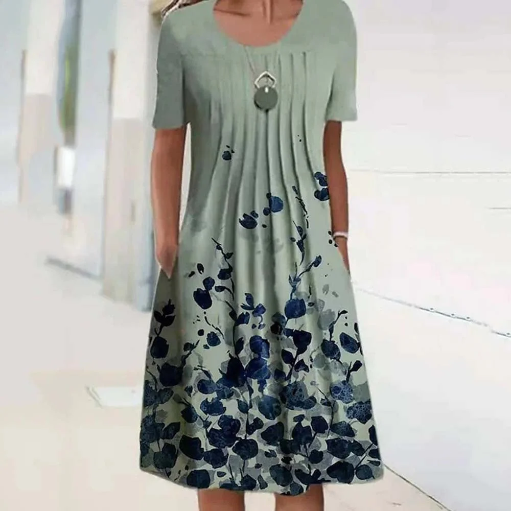 Uveng Floral Print Round Neck Pocket Mid-length Dresses