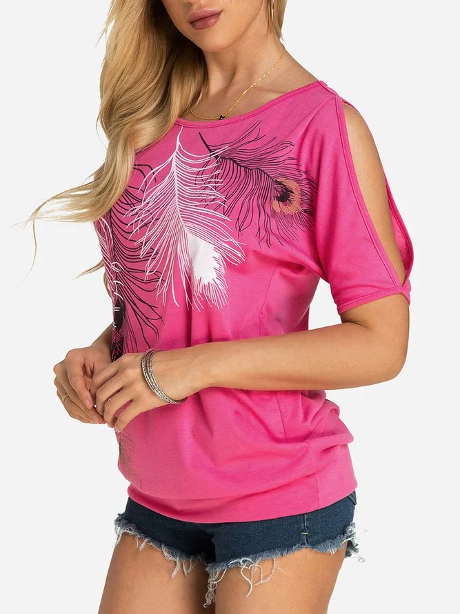 Cold Shoulder Casual Feather Printed  T-Shirt