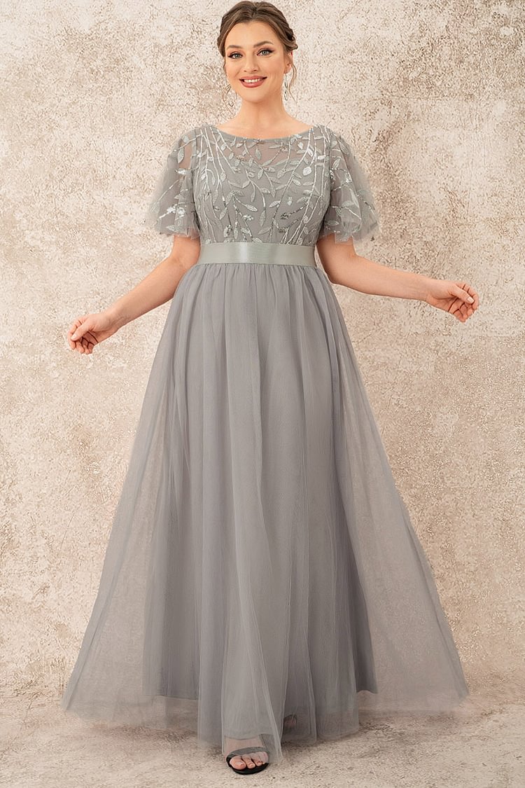 Flycurvy Plus Size Evening Gowns Grey Embroidery Butterfly Sleeves Maxi Dress  Flycurvy [product_label]