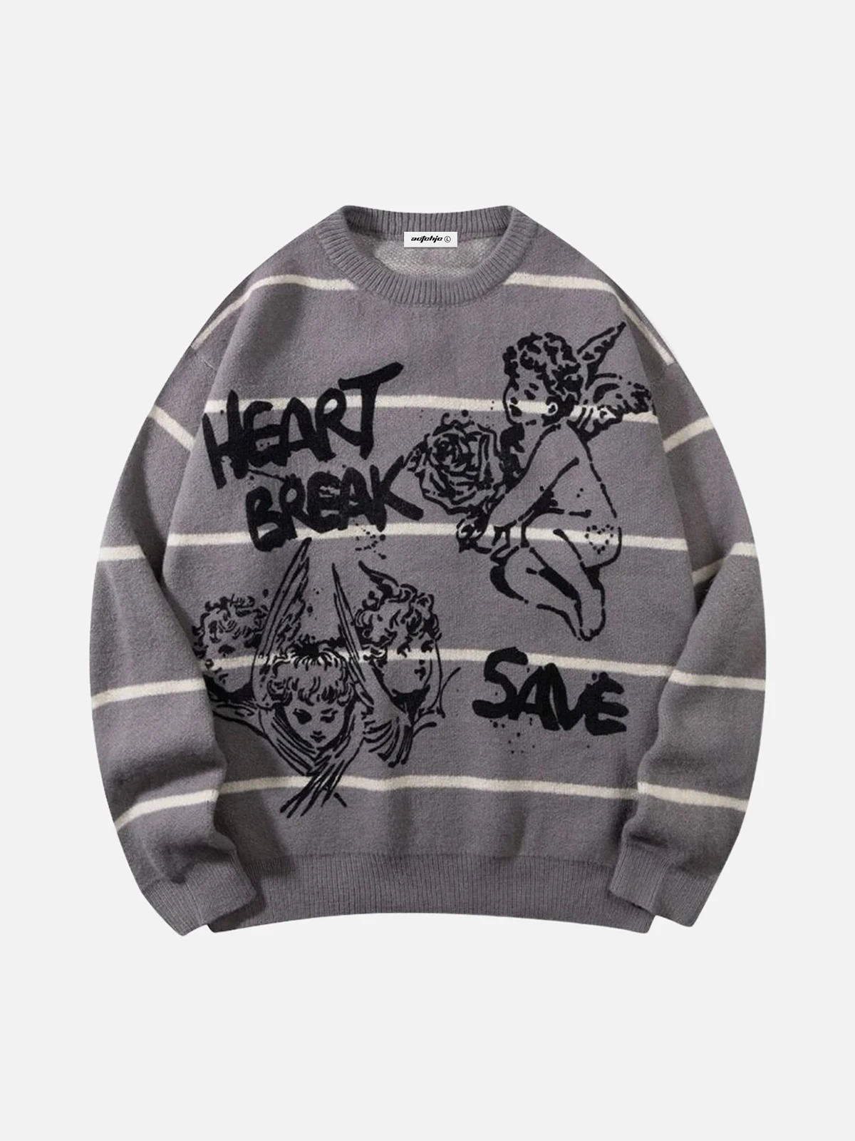 Grey Floral & Angel Pattern Loose Knit Sweater Front