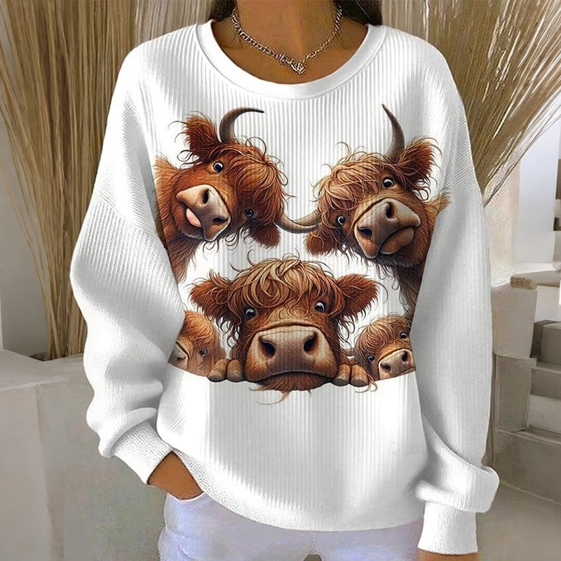 Women's Highland Cow Print Crew Neck Long Sleeve Sweatshirt elevenforest