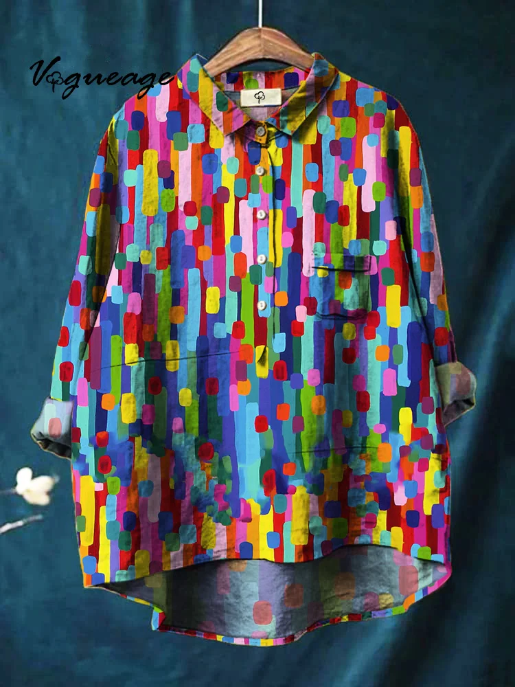Bright Lines And Dots Stitching Printed Cotton And Linen Shirt