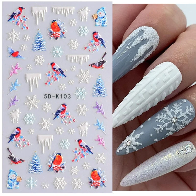 5D Winter Christmas Embossed Manicures Stickers Nail Art Decoration Bird Snowflakes Festive Design Xmas Decals For Manicuring